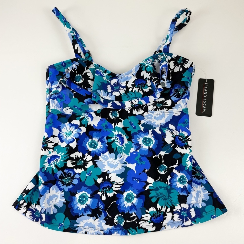 Island Escape Tankini Bikini Top Womens 8 Black Blue Multi Floral Swim NWT